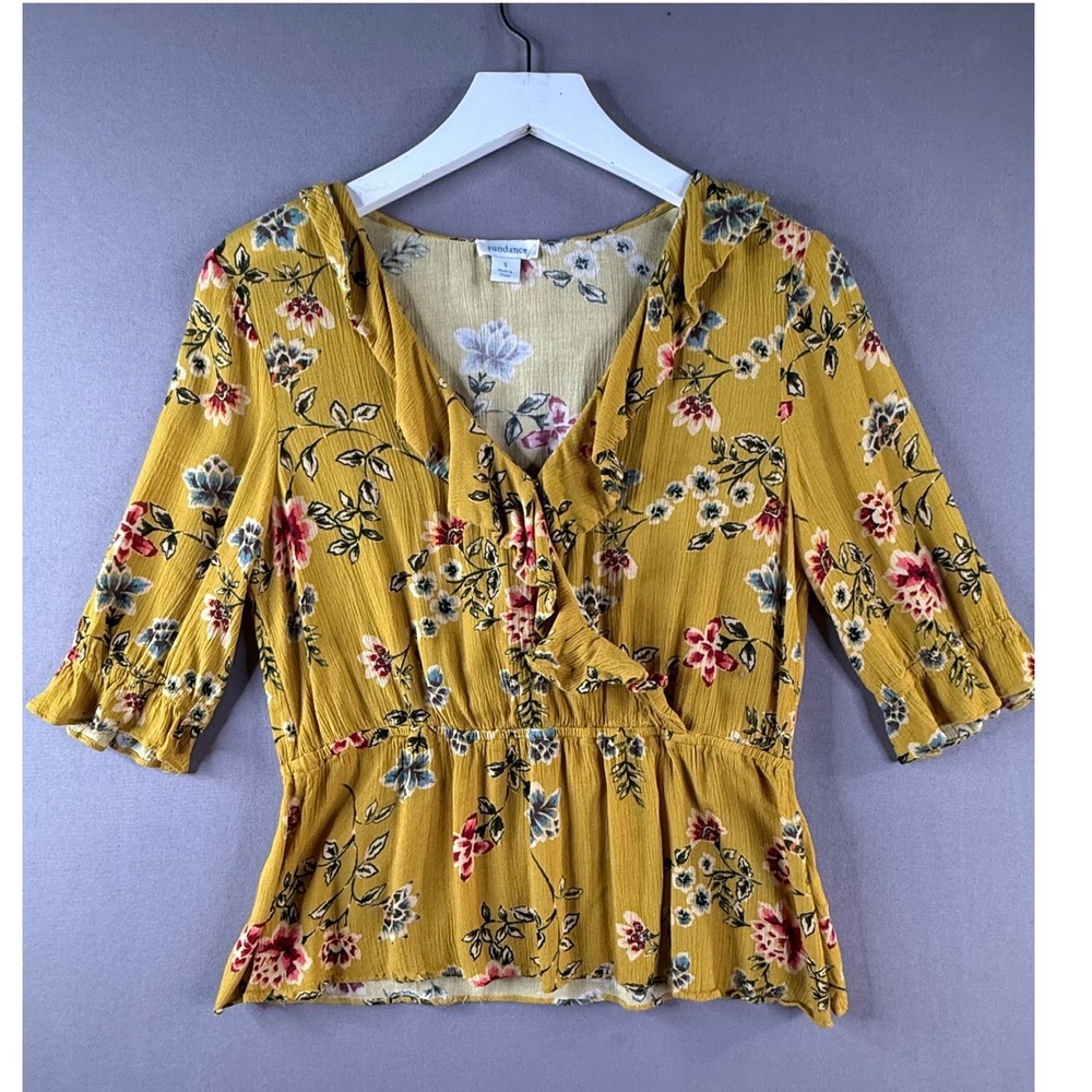 Sundance Calla Floral Top Women S Yellow Ruffle Peplum Feminine Cottagecore Fall